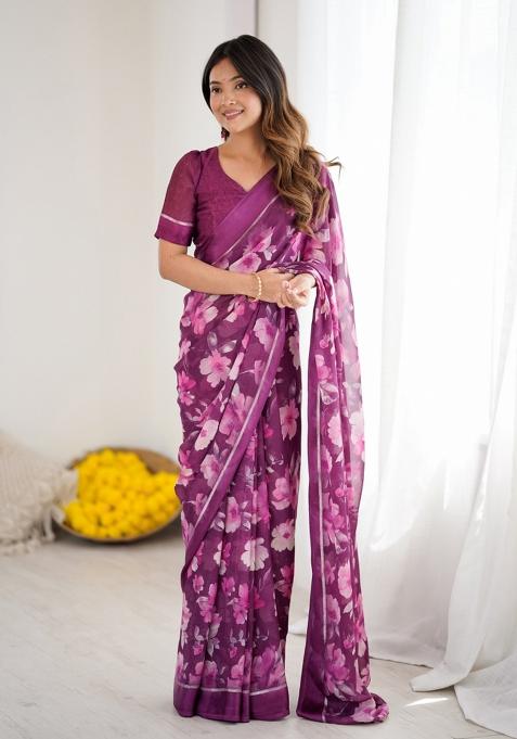 Purple Printed Art Silk Saree Set