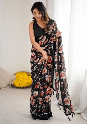 Black Printed Art Silk Saree Set