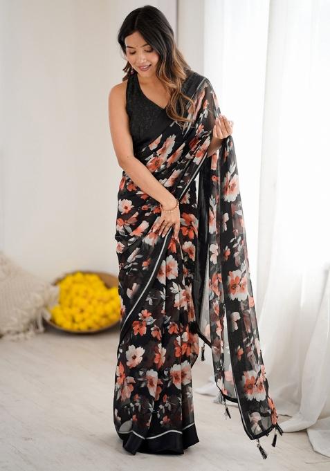 Black Printed Art Silk Saree Set