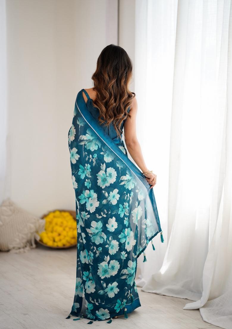 Teal Printed Art Silk Saree Set - Indya