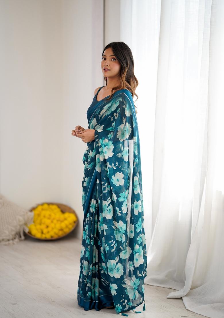 Teal Printed Art Silk Saree Set - Indya