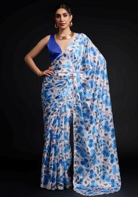 Blue Printed Chiffon Saree Set