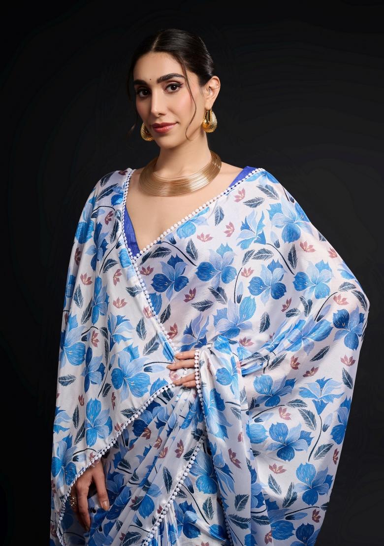 Blue Printed Chiffon Saree Set - Indya