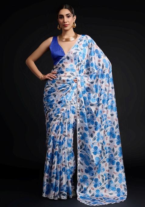 Blue Printed Chiffon Saree Set — view on Indya