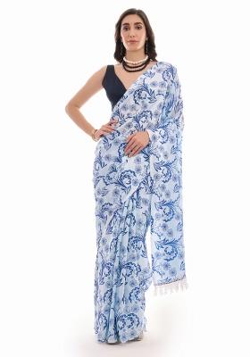 Blue Printed Chiffon Saree Set