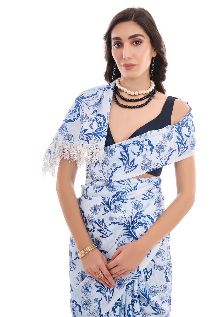 Blue Printed Chiffon Saree Set - Indya