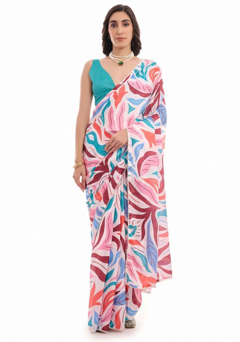 Multicolor Printed Chiffon Saree Set for Diwali and Festive Wear - Indya