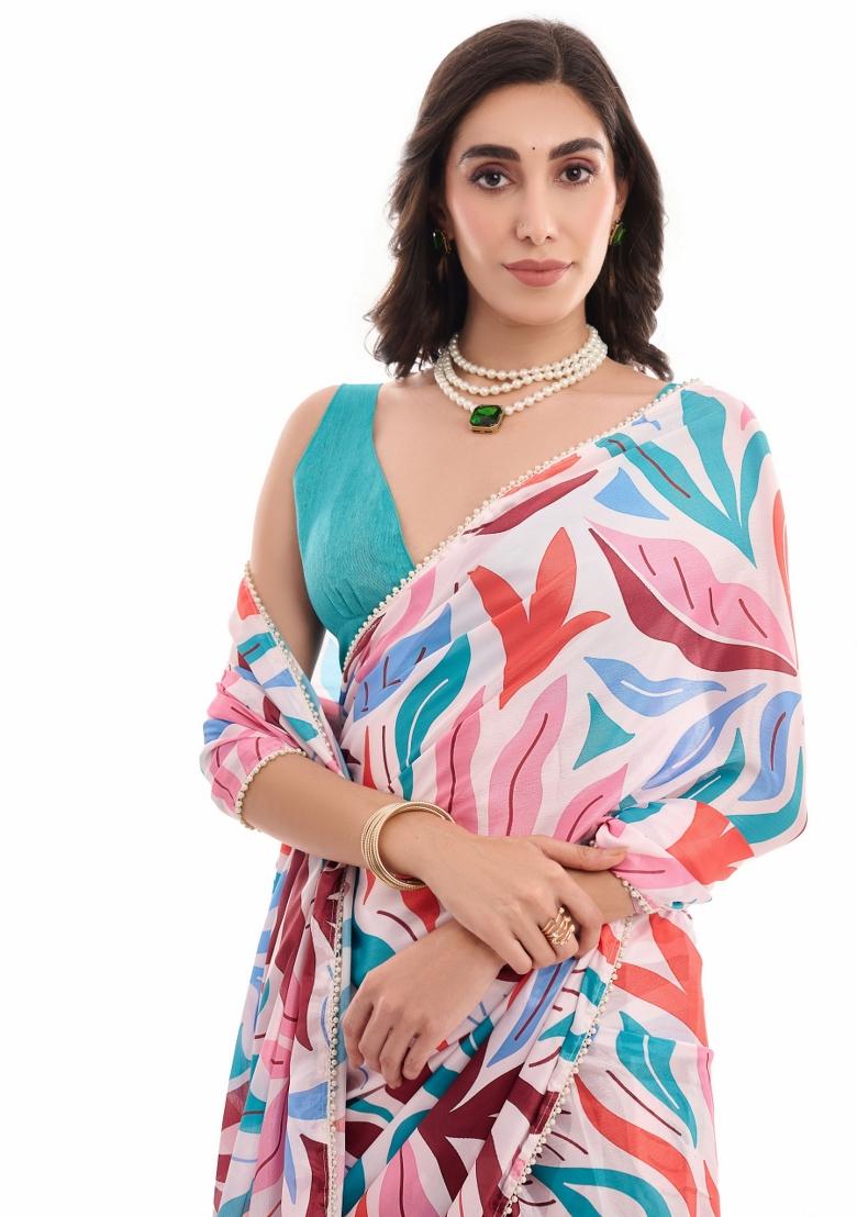 Multicolor Printed Chiffon Saree Set - Indya