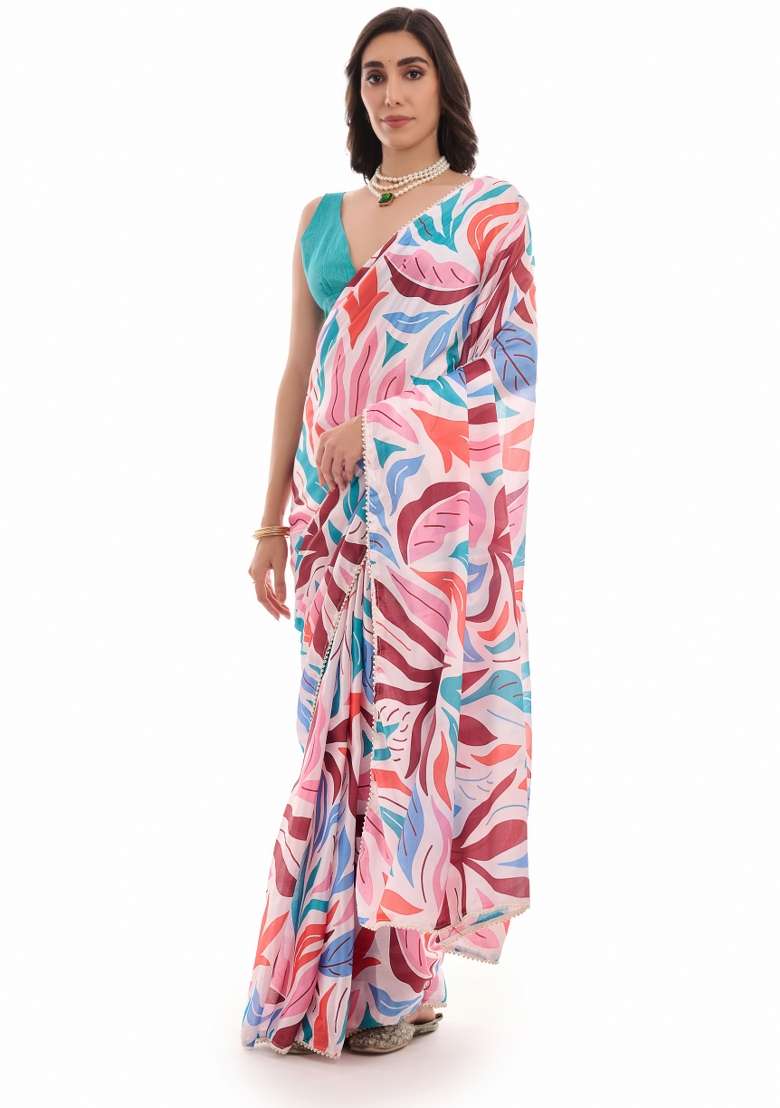 Multicolor Printed Chiffon Saree Set for Diwali and Festive Wear - Indya