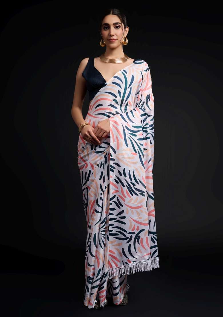 Multicolor Printed Chiffon Saree Set for Diwali and Festive Wear - Indya