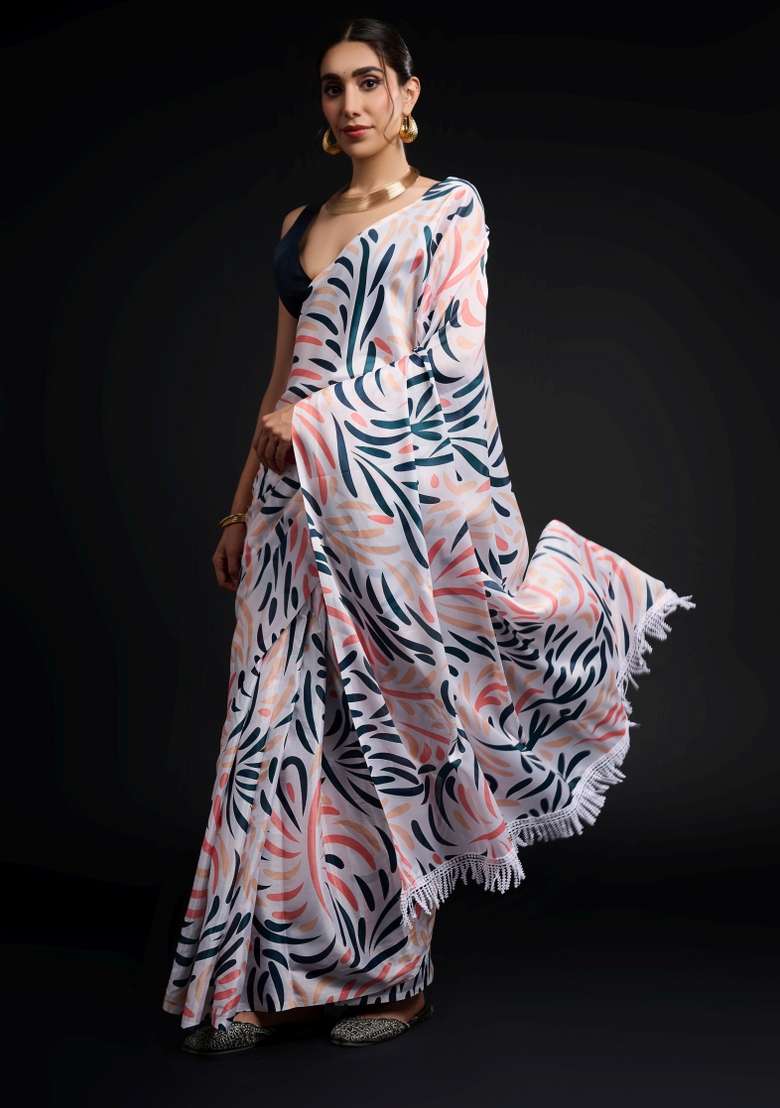 Multicolor Printed Chiffon Saree Set for Diwali and Festive Wear - Indya