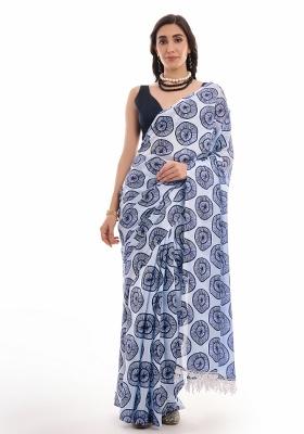 Blue Printed Chiffon Saree Set