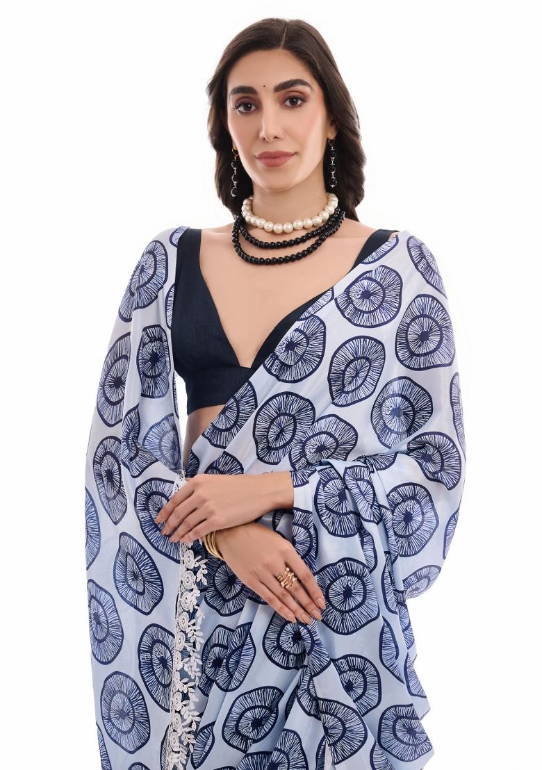 Blue Printed Chiffon Saree Set - Indya