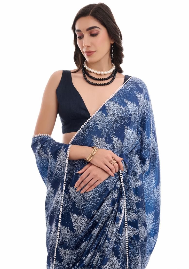 Blue Printed Chiffon Saree Set - Indya