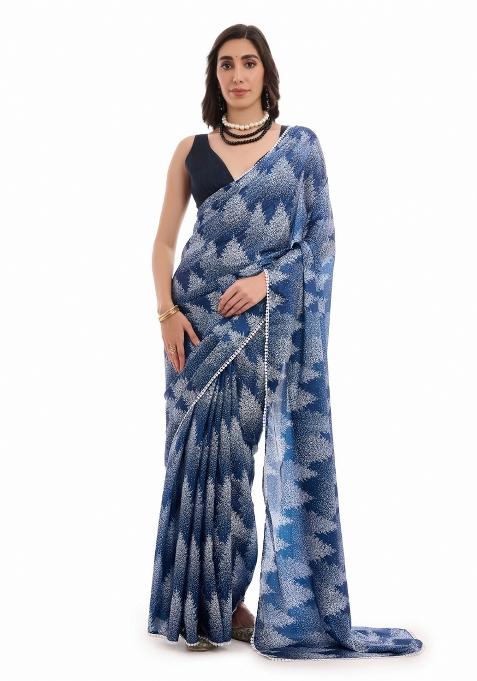 Blue Printed Chiffon Saree Set