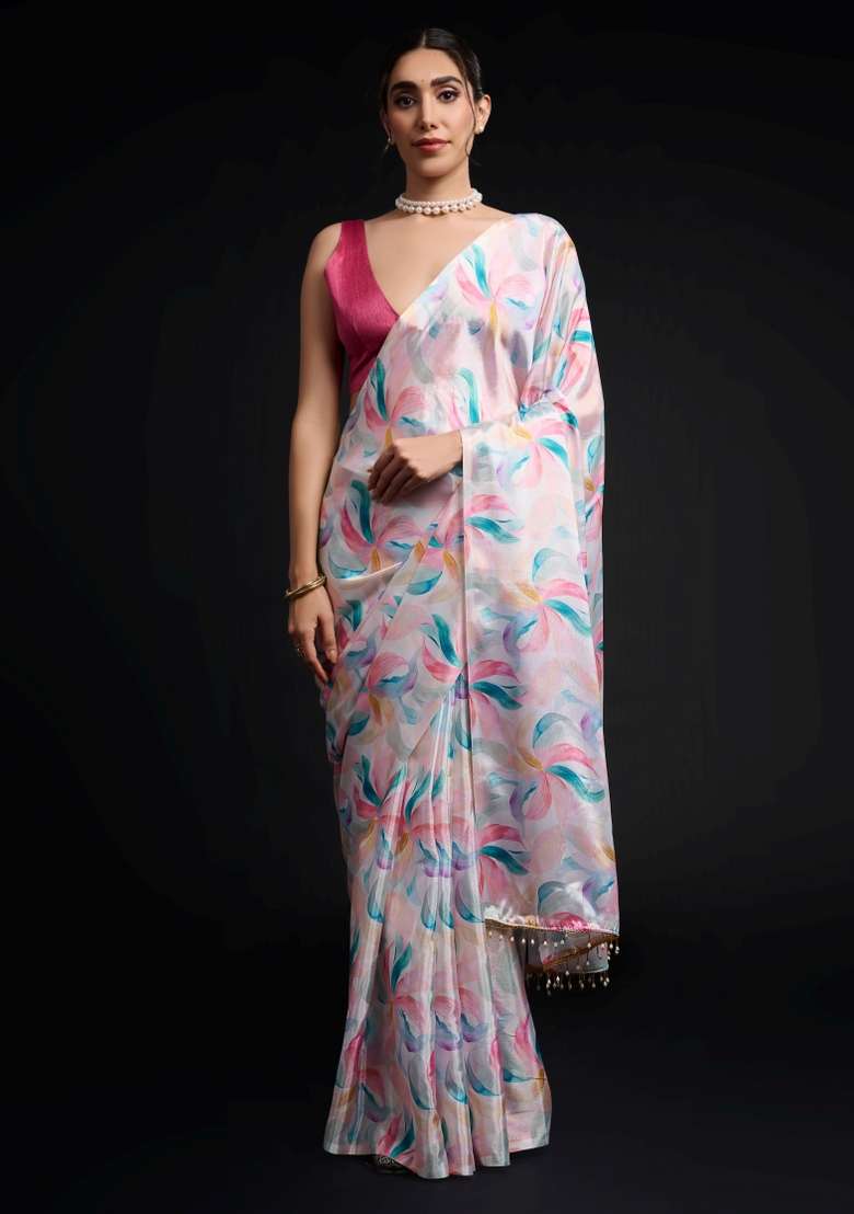 Multicolor Chiffon Saree Set with Printed for Diwali | Wedding & Festive Wear - Indya