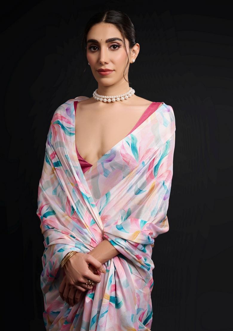 Multicolor Printed Chiffon Saree Set - Indya