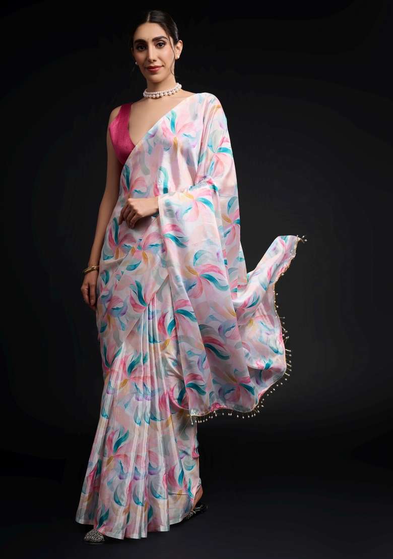 Multicolor Chiffon Saree Set with Printed for Diwali | Wedding & Festive Wear - Indya