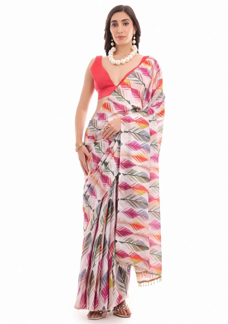 Multicolor Printed Chiffon Saree Set for Diwali and Festive Wear - Indya