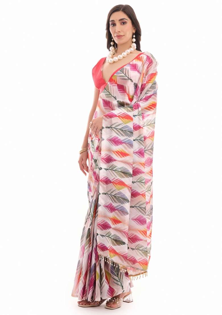 Multicolor Printed Chiffon Saree Set for Diwali and Festive Wear - Indya