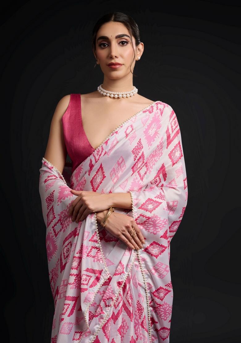 Pink Printed Chiffon Saree Set - Indya