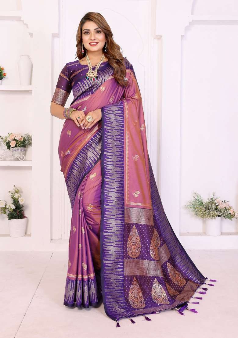 Purple Woven Silk Blend Saree Set for Diwali and Festive Wear - Indya