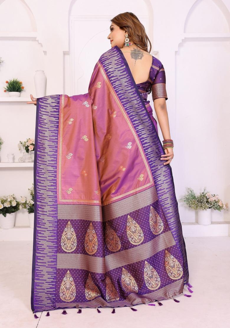 Purple Woven Silk Blend Saree Set - Indya