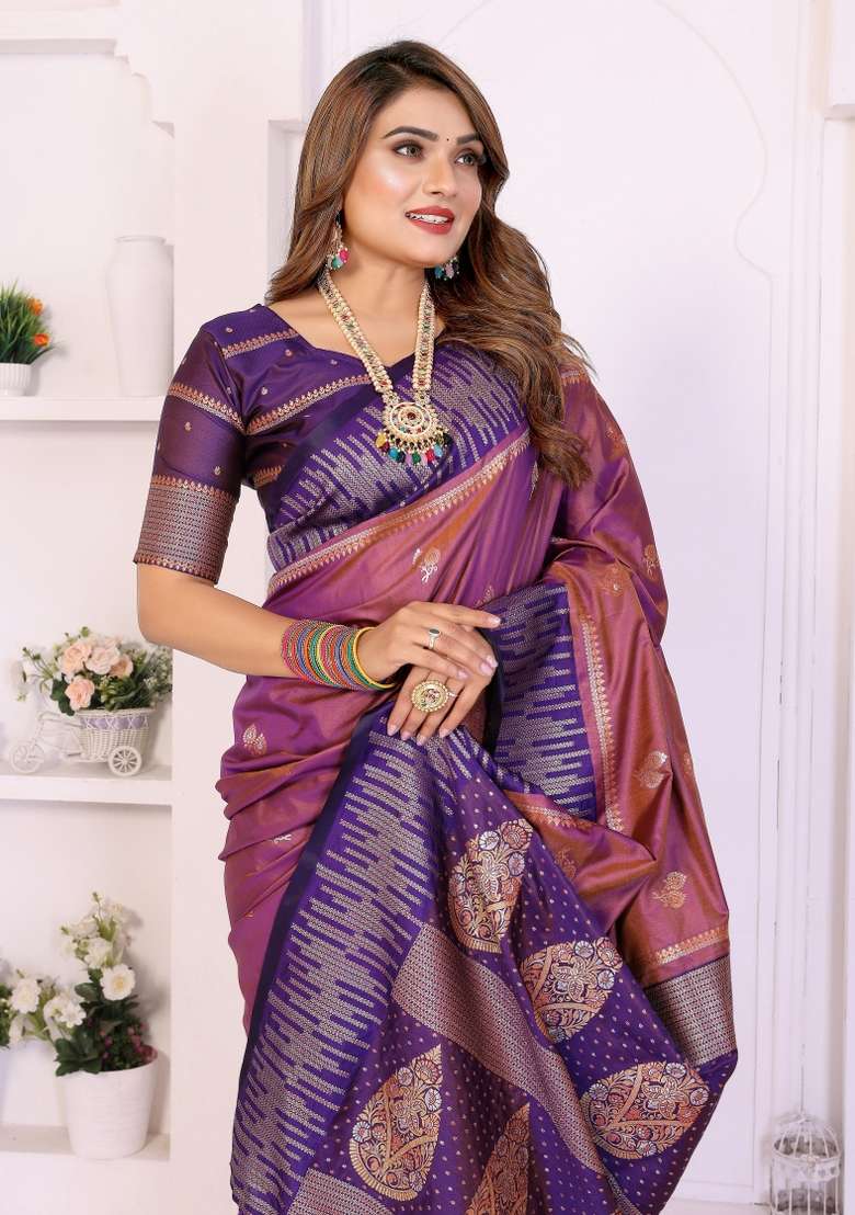 Purple Woven Silk Blend Saree Set for Diwali and Festive Wear - Indya