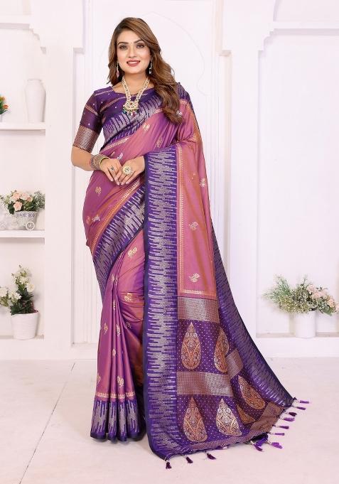 Purple Woven Silk Blend Saree Set
