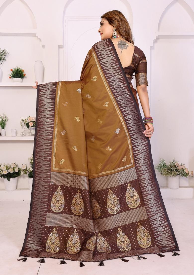 Yellow Woven Silk Blend Saree Set - Indya