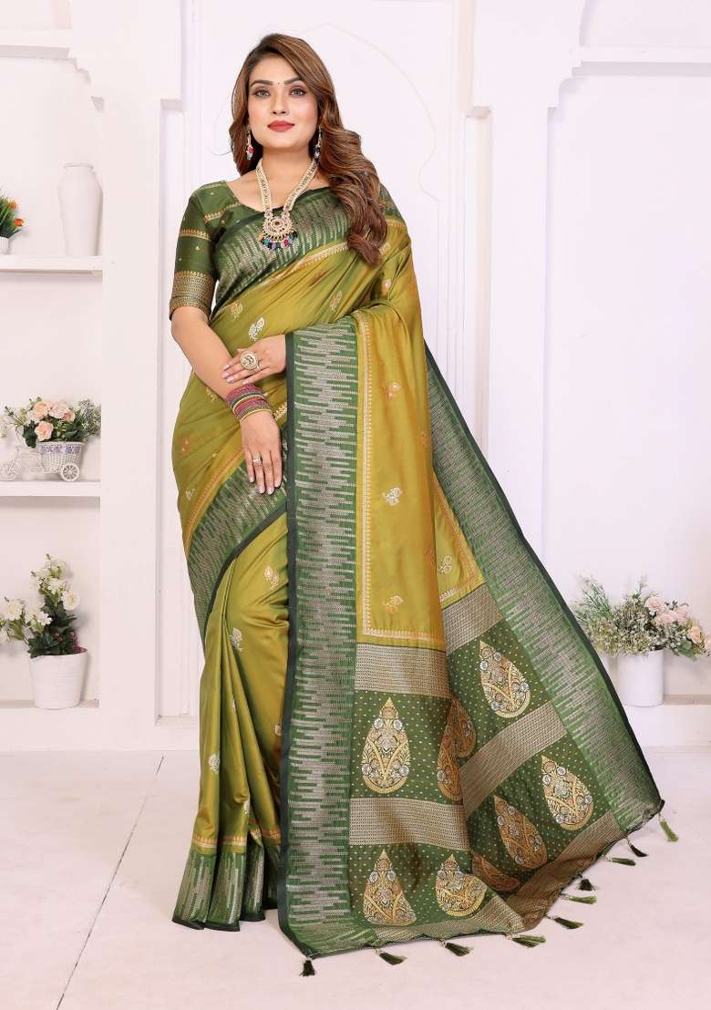 Olive Woven Silk Blend Saree Set for Diwali and Festive Wear - Indya