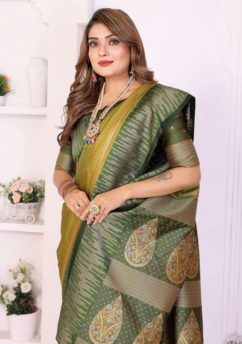 Olive Woven Silk Blend Saree Set for Diwali and Festive Wear - Indya