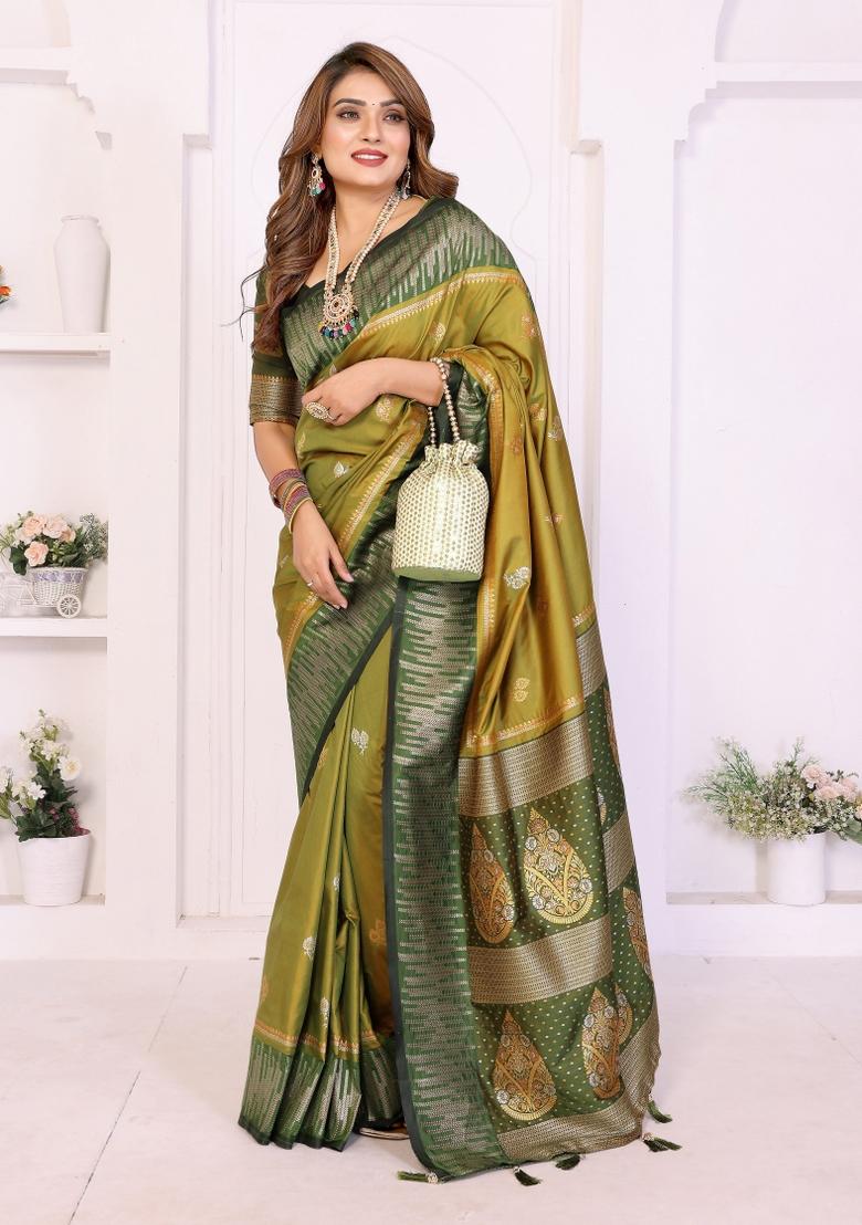 Olive Woven Silk Blend Saree Set - Indya