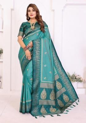 Teal Woven Silk Blend Saree Set