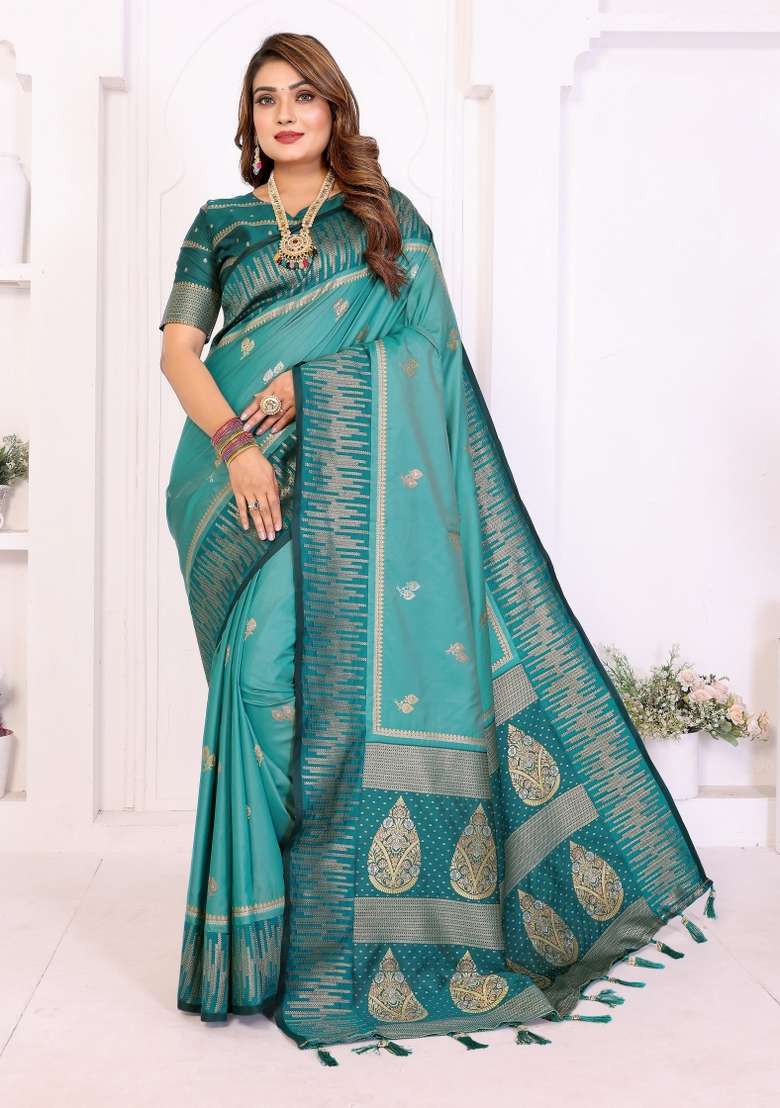 Teal Woven Silk Blend Saree Set for Diwali and Festive Wear - Indya