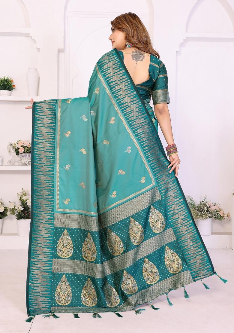 Teal Woven Silk Blend Saree Set - Indya