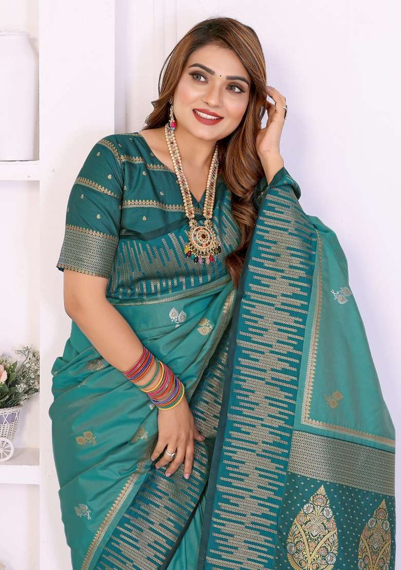 Teal Woven Silk Blend Saree Set for Diwali and Festive Wear - Indya