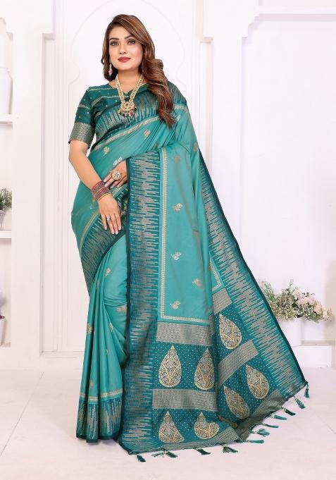 Teal Woven Silk Blend Saree Set
