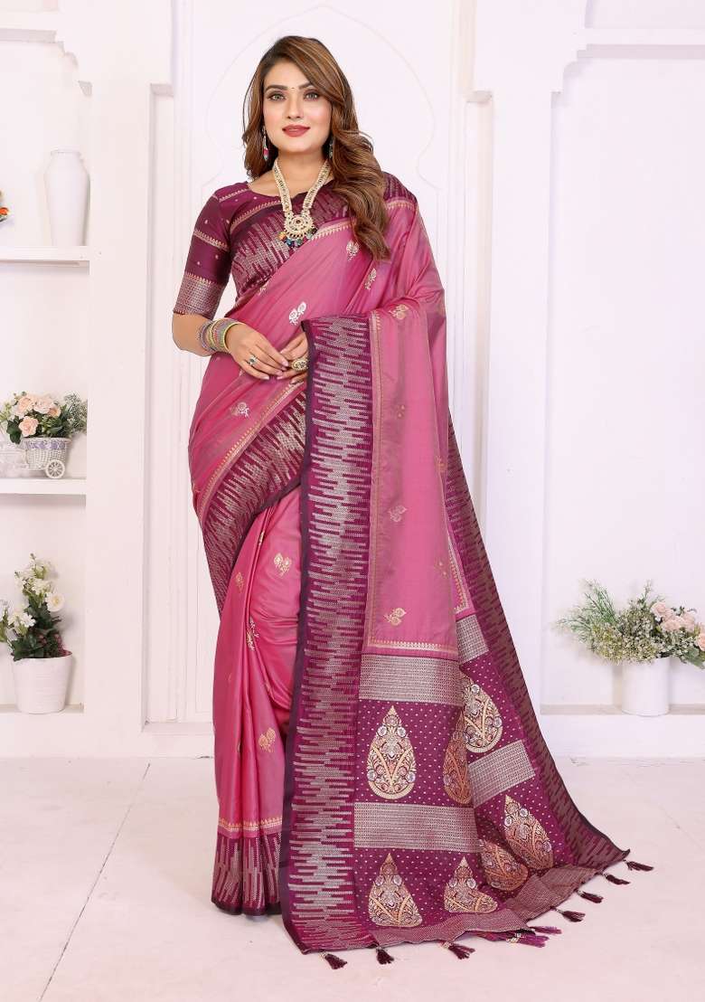 Pink Woven Silk Blend Saree Set for Diwali | Wedding & Festive Wear - Indya