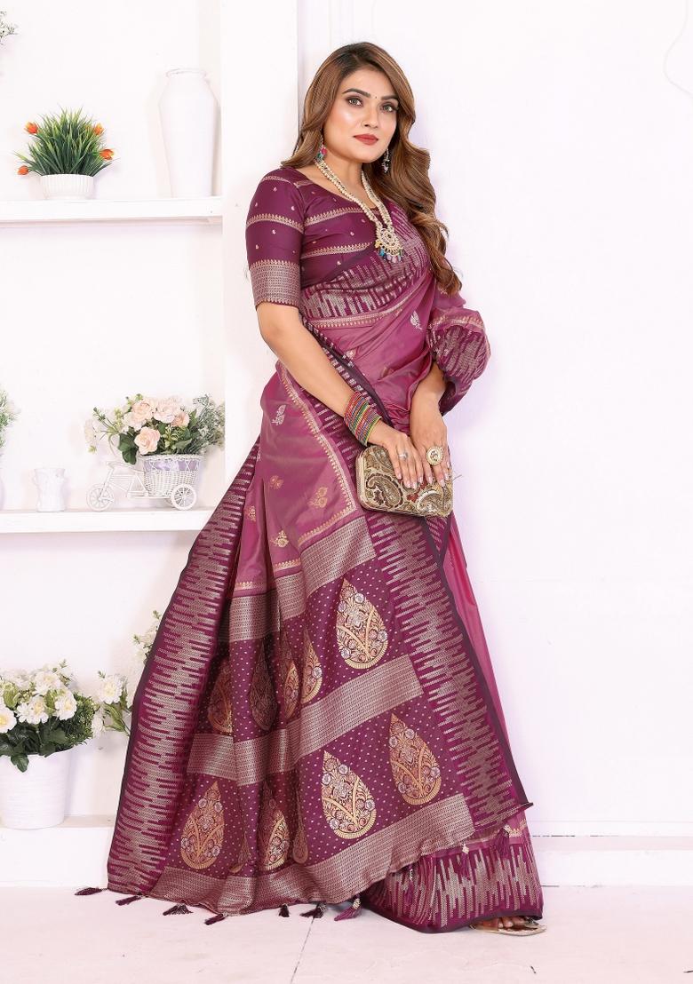 Pink Woven Silk Blend Saree Set - Indya