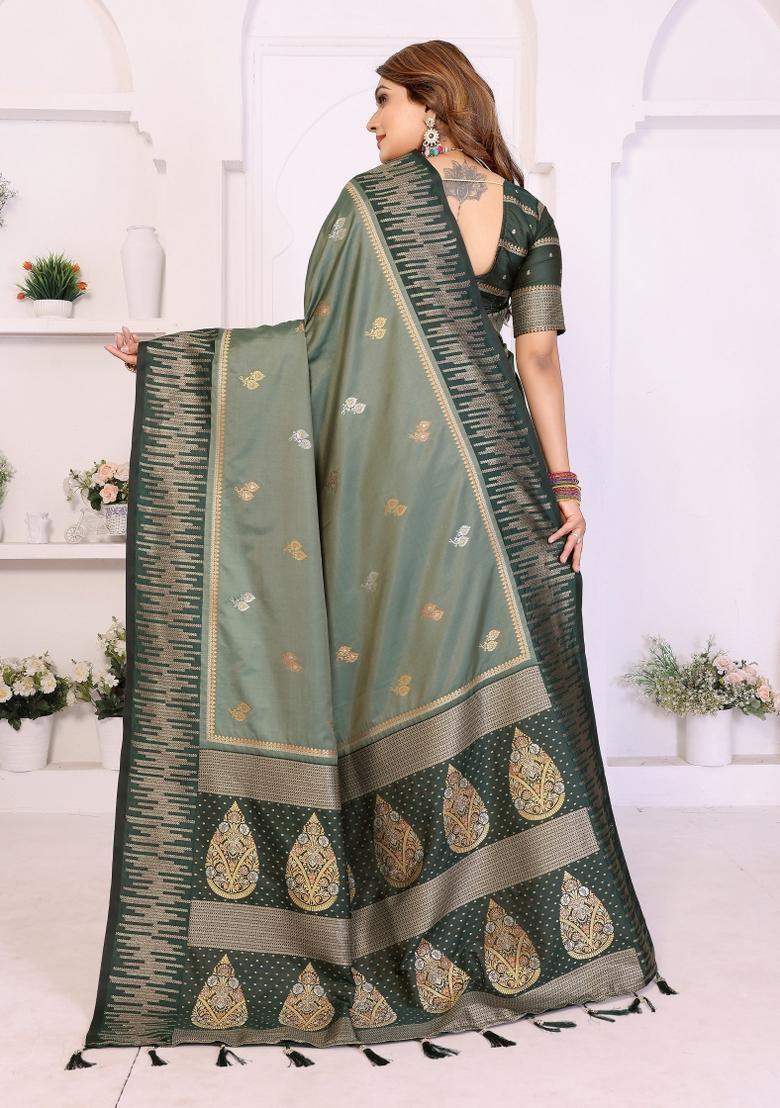 Green Woven Silk Blend Saree Set - Indya