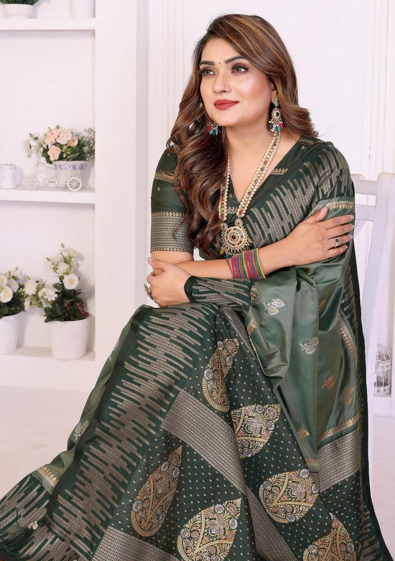 Green Woven Silk Blend Saree Set - Indya
