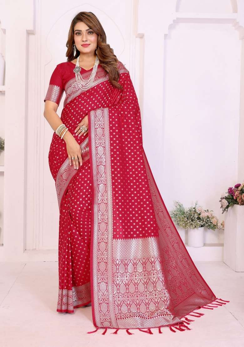 Red Woven Faux Georgette Saree Set for Diwali | Wedding & Festive Wear - Indya