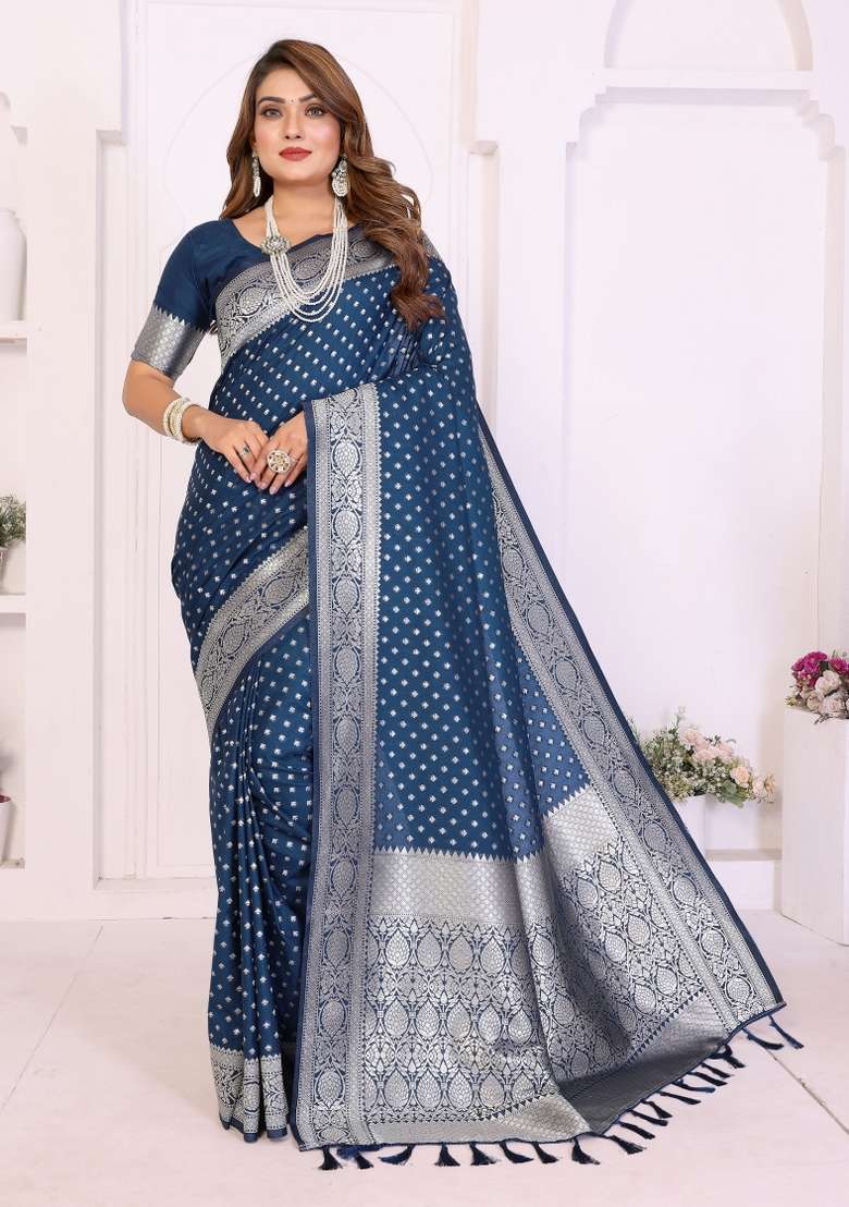 Blue Woven Faux Georgette Saree Set for Diwali | Wedding & Festive Wear - Indya