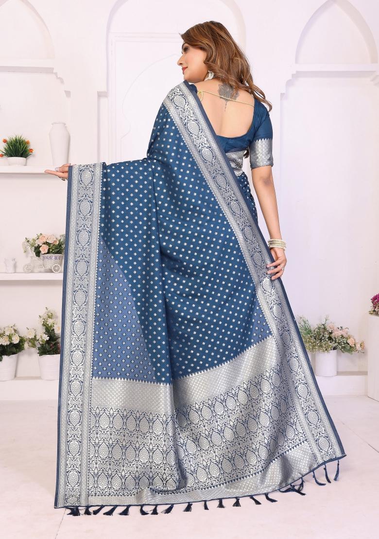 Blue Woven Faux Georgette Saree Set - Indya
