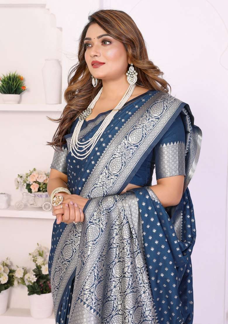Blue Woven Faux Georgette Saree Set for Diwali | Wedding & Festive Wear - Indya