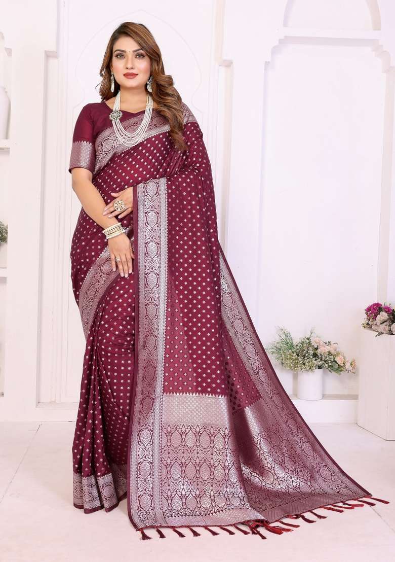 Wine Woven Faux Georgette Saree Set for Diwali and Festive Wear - Indya