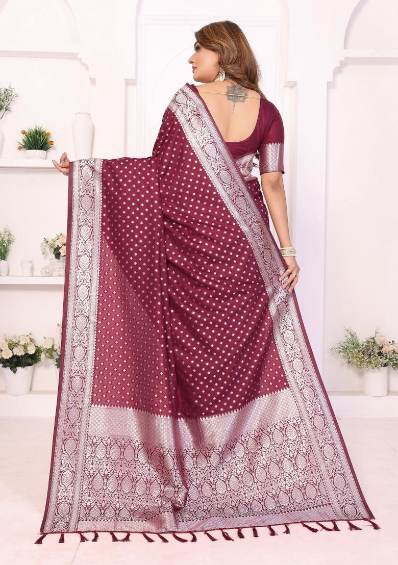 Wine Woven Faux Georgette Saree Set - Indya