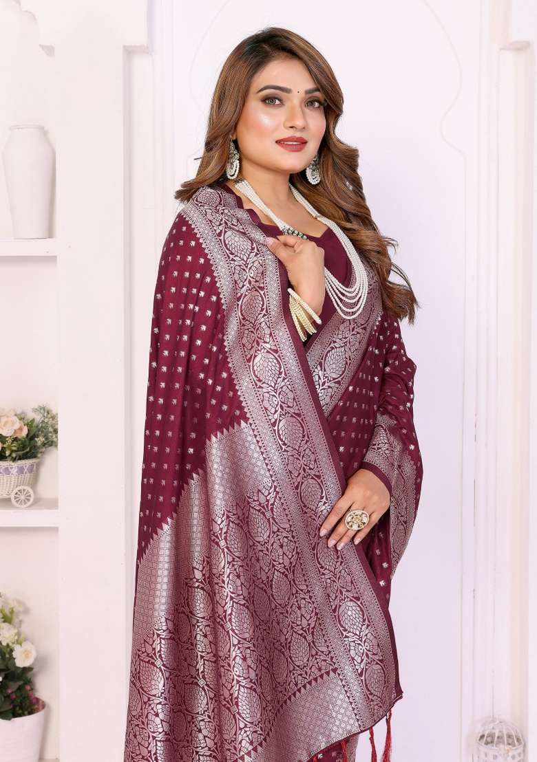 Wine Woven Faux Georgette Saree Set for Diwali and Festive Wear - Indya