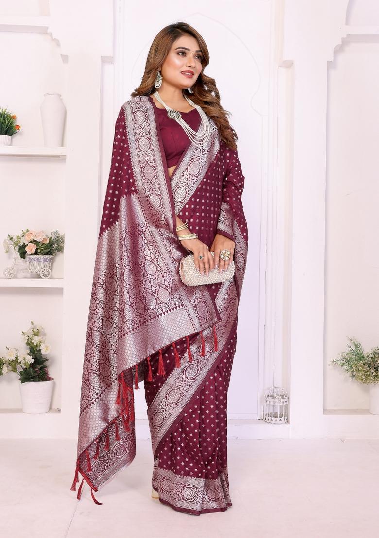 Wine Woven Faux Georgette Saree Set - Indya